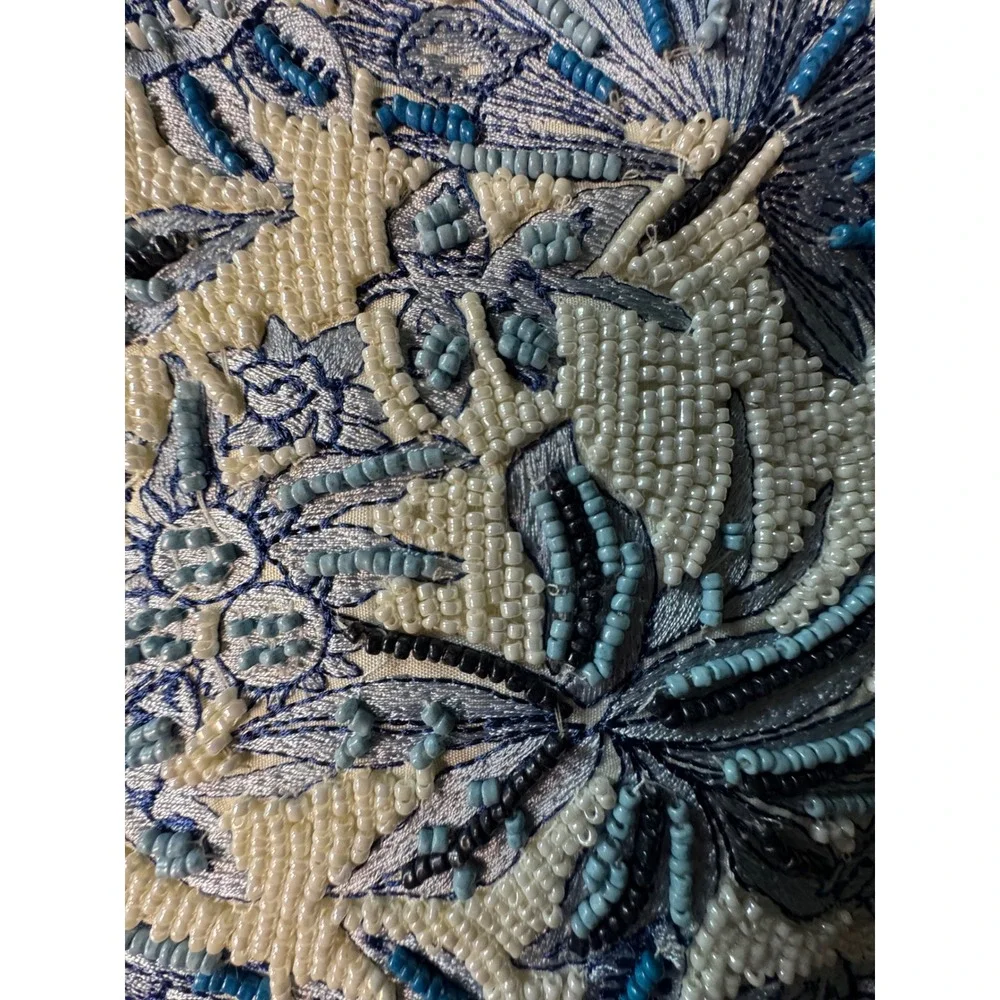 From India to You Beaded Floral Bamboo Handle Tote Bag Blue Cream NEW